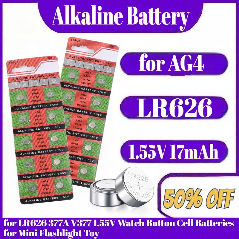 Щелочная батарея высокой емкости 17 мАч AG4 SR626SW LR626 377A V377 1,55 В, кнопочные батарейки для часов для мини-фонарика, игрушки
Щелочная батарея высокой емкости 17 мАч AG4 SR626SW LR626 377A V377 1,55 В, кнопочные батарейки для часов для мини-фонарика, игрушки