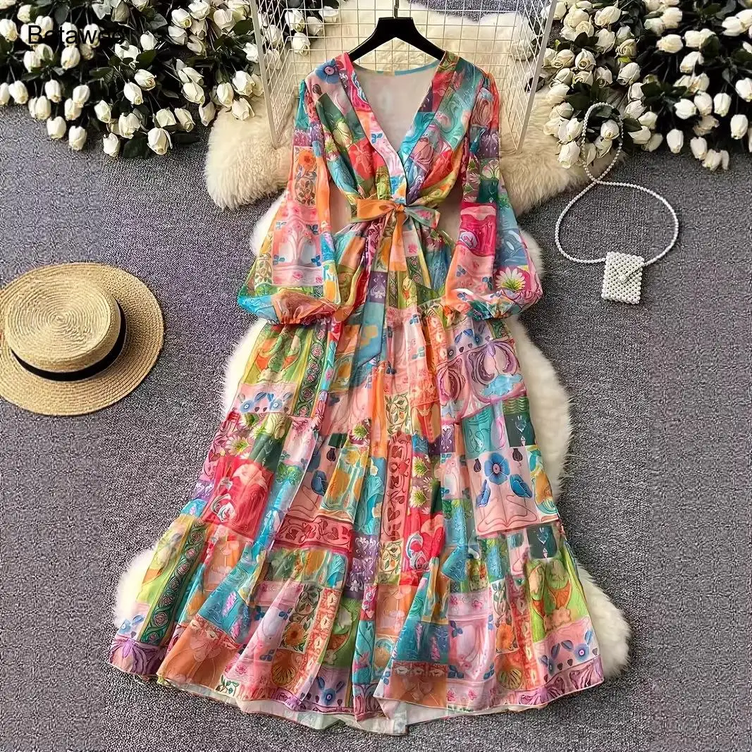 Women Colorful Patchwork Print Maxi Dress V Neck Lantern Sleeve Tie Waist Tiered Boho Vacation Dress
Women Colorful Patchwork Print Maxi Dress V Neck Lantern Sleeve Tie Waist Tiered Boho Vacation Dress