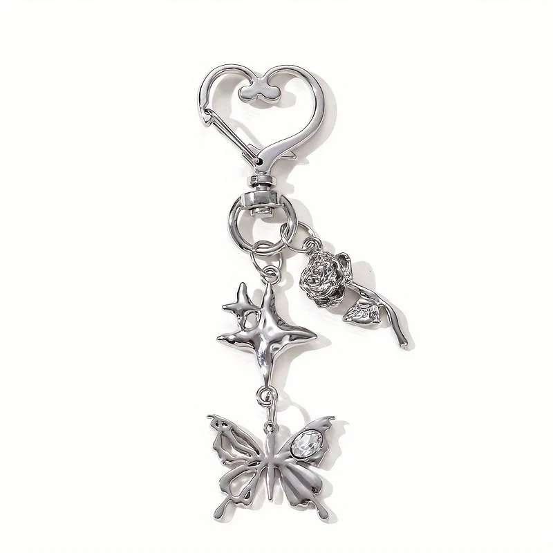 Silver Keychain with Butterfly Star & Rose patterns, minimalist charm for car interior and bags
Silver Keychain with Butterfly Star & Rose patterns, minimalist charm for car interior and bags