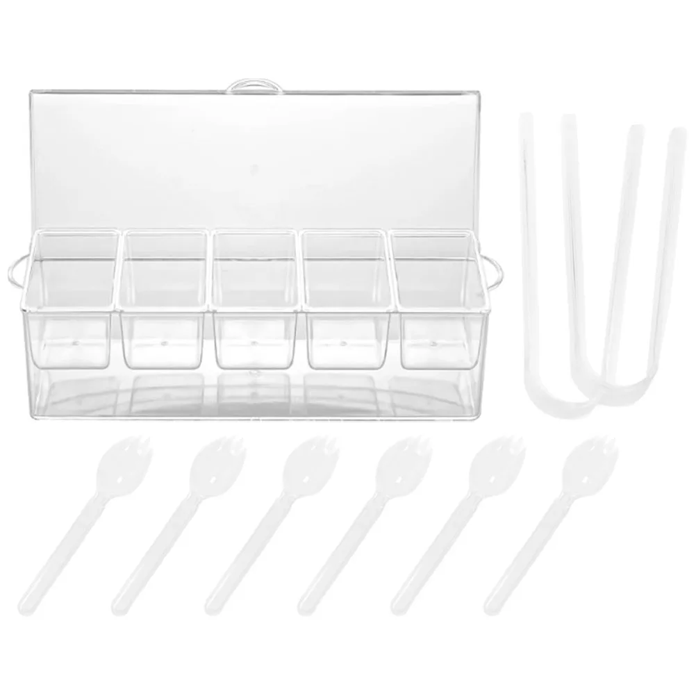 Reusable Plastic Condiment Container Spice Jars 5 Grids 2 Clips 6 Spoons Forks Kitchen Dining Room Decor Seasoning Box
Reusable Plastic Condiment Container Spice Jars 5 Grids 2 Clips 6 Spoons Forks Kitchen Dining Room Decor Seasoning Box