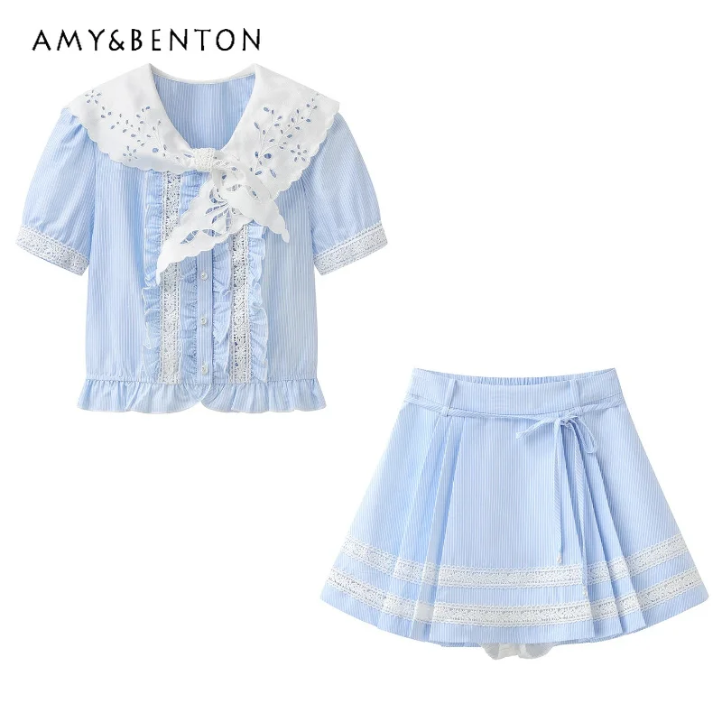 Fashion Temperament Hollow Out Lace Collar Women's Short-sleeved Shirts 2026 Summer New Casual Sweet Short Skirts Suits Ladies
Fashion Temperament Hollow Out Lace Collar Women's Short-sleeved Shirts 2026 Summer New Casual Sweet Short Skirts Suits Ladies