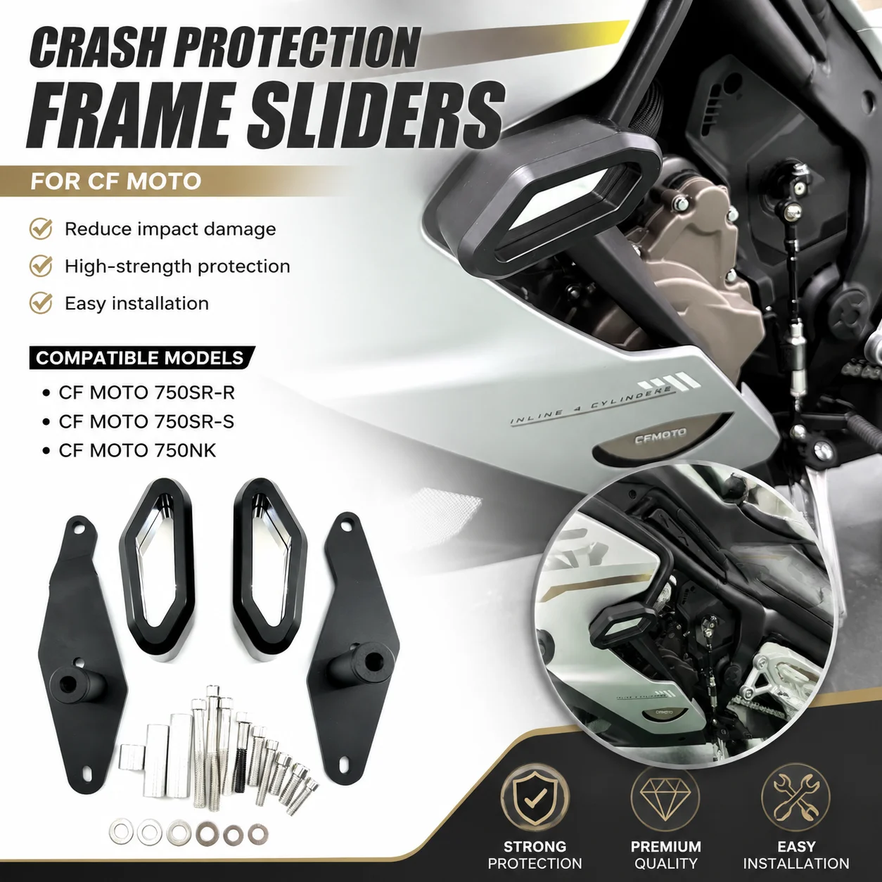 FOR CF MOTO motorcycle 750SR S 750SR-R 750NK motorcycle fall protection frame slider fairing guard plate CNC
FOR CF MOTO motorcycle 750SR S 750SR-R 750NK motorcycle fall protection frame slider fairing guard plate CNC
