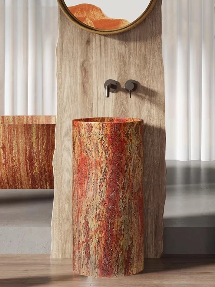 Minimalist luxury stone wind column basin integrated floor type red art travertine washing table
Minimalist luxury stone wind column basin integrated floor type red art travertine washing table