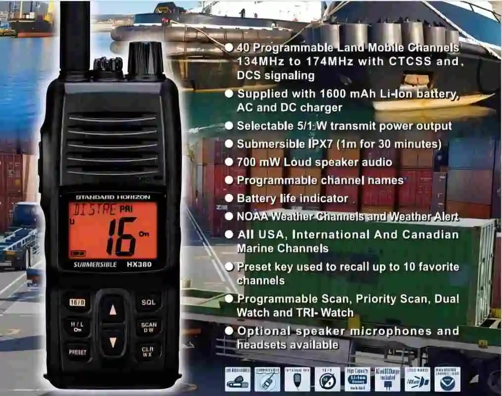 Морская радиостанция Standard Horizon HX380 с защитой IPX8 | Мощность 5 Вт, аккумулятор с длительным сроком службы на 2000 мАч, диапазоны Marine + WX – ваш неразрушимый помощник.
Морская радиостанция Standard Horizon HX380 с защитой IPX8 | Мощность 5 Вт, аккумулятор с длительным сроком службы на 2000 мАч, диапазоны Marine + WX – ваш неразрушимый помощник.