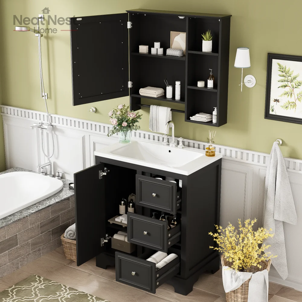 bathroom vanity with sink, modern elegant bathroom storage cabinet with 3 drawers and adjustable shelves, vanity set with mirror
bathroom vanity with sink, modern elegant bathroom storage cabinet with 3 drawers and adjustable shelves, vanity set with mirror