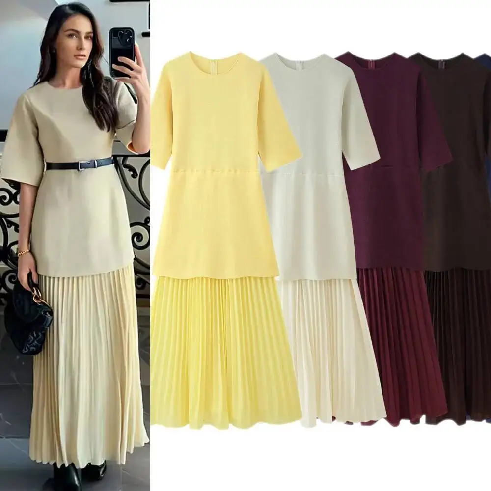 Fashion Patchwork Pleated Dress For Women Knitted Short Sleeve O Neck High Waist Vestidos 2025 New Elegant Holiday Long Dresses
Fashion Patchwork Pleated Dress For Women Knitted Short Sleeve O Neck High Waist Vestidos 2025 New Elegant Holiday Long Dresses