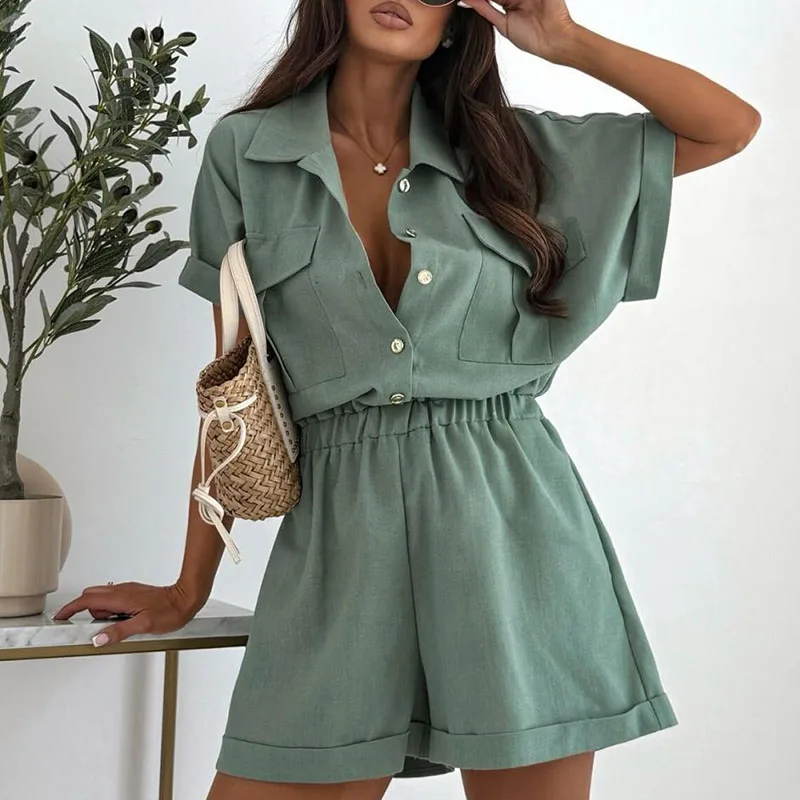Chic Solid Loose Short Jumpsuit Casual Lapel Short Sleeved Commute Romper Comfortable Single Breasted Elastic Waistband Jumpsuit
Chic Solid Loose Short Jumpsuit Casual Lapel Short Sleeved Commute Romper Comfortable Single Breasted Elastic Waistband Jumpsuit
