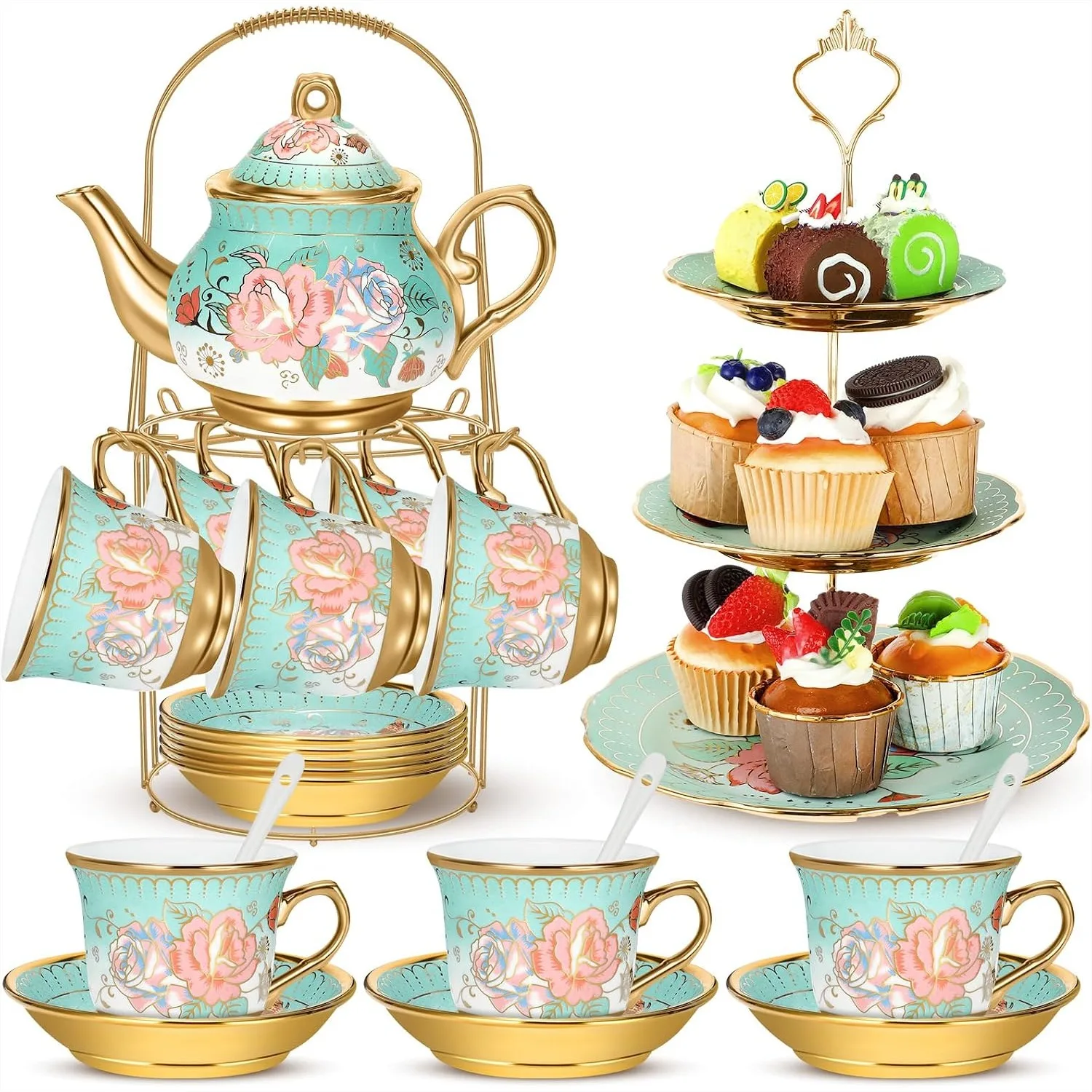 21 Pcs Ceramic Teapot Set Vintage Porcelain Tea Cups with Metal Holder and Cupcake Stand for Women Girls Farmhouse European
21 Pcs Ceramic Teapot Set Vintage Porcelain Tea Cups with Metal Holder and Cupcake Stand for Women Girls Farmhouse European