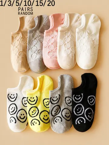 1/3/5/10/15/20 pairs random of cartoon smiley face asakuchi boat socks
