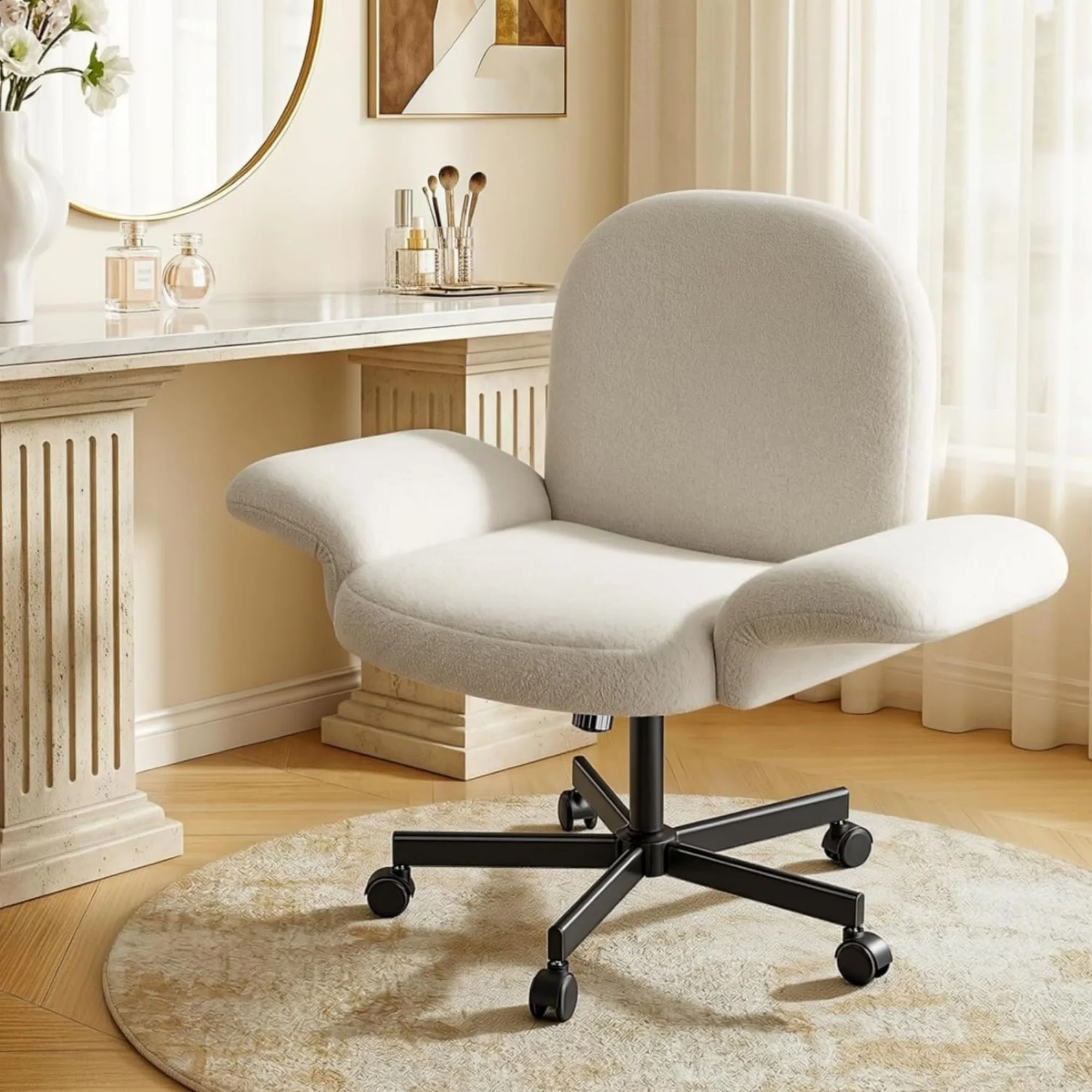 Criss Cross Office Chair with Adjustable Armrests & Wheels, Vanity Chair with Wide Cushion, Reclining Back, Soft Chenille Fabric, Desk Chair for Home Office, Makeup Room, Bedroom, Be
Criss Cross Office Chair with Adjustable Armrests & Wheels, Vanity Chair with Wide Cushion, Reclining Back, Soft Chenille Fabric, Desk Chair for Home Office, Makeup Room, Bedroom, Be