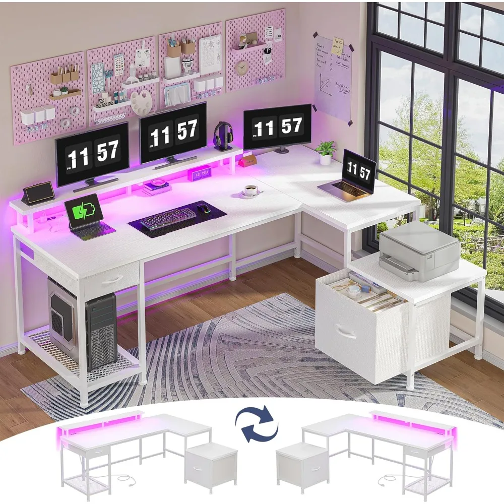 Shaped Desk with Drawers & Printer Storage Shelves for Home Office, Large Reversible Computer Desk with LED Lights & Power
Shaped Desk with Drawers & Printer Storage Shelves for Home Office, Large Reversible Computer Desk with LED Lights & Power