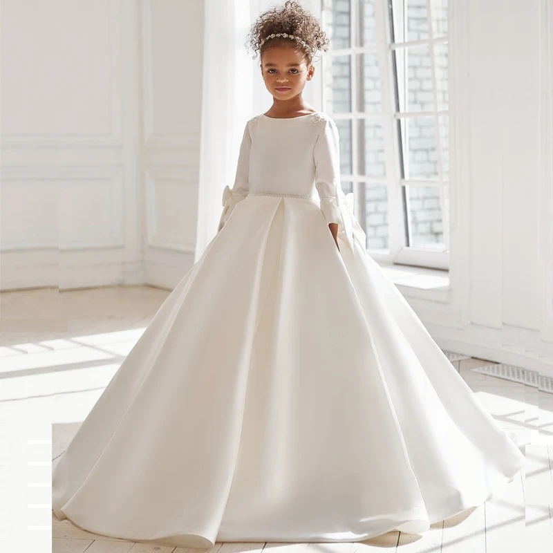 Flower Girl Dresses White Satin A-line Appliques With Bow 3/4 Sleeve For Wedding Birthday Party First Communion Gowns
Flower Girl Dresses White Satin A-line Appliques With Bow 3/4 Sleeve For Wedding Birthday Party First Communion Gowns