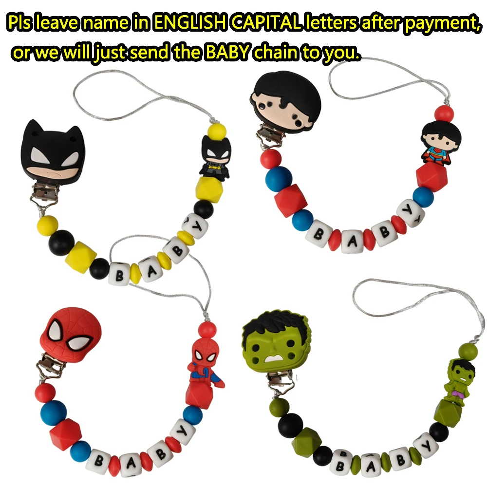 1PC super hero Silicone bead customized Name Spiderman the hulk Pacifier Chain Clips nipple Holder Teething Chain
1PC super hero Silicone bead customized Name Spiderman the hulk Pacifier Chain Clips nipple Holder Teething Chain