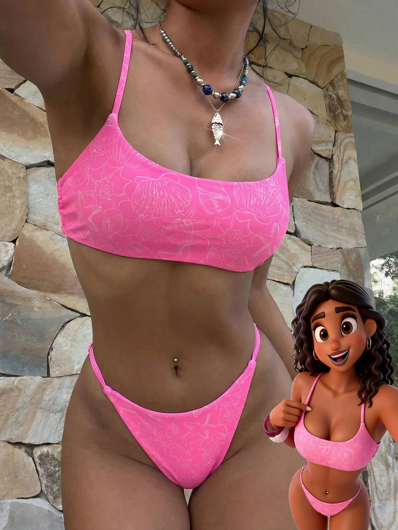 Pink Tropical Shell Print Bikini Set: Thin Strap Top And High-Cut Bottom For Beach, Pool, Festival, Summer 2026
Pink Tropical Shell Print Bikini Set: Thin Strap Top And High-Cut Bottom For Beach, Pool, Festival, Summer 2026