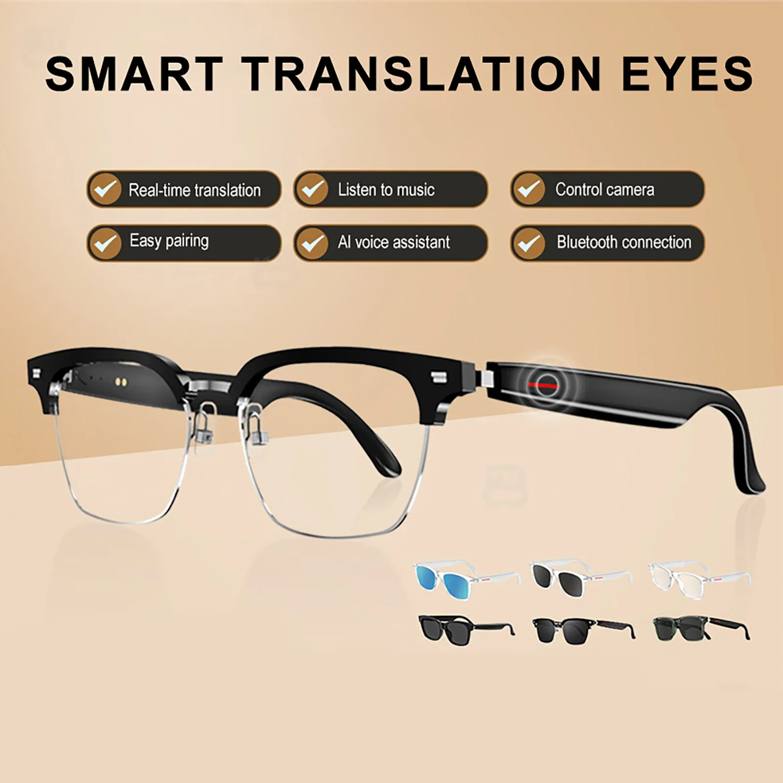 3 In 1 Smartglasses & Translator & Headset with Microphone Voice Assistant Bluetooth Call Camera Control Smart Bluetooth Glasses
3 In 1 Smartglasses & Translator & Headset with Microphone Voice Assistant Bluetooth Call Camera Control Smart Bluetooth Glasses