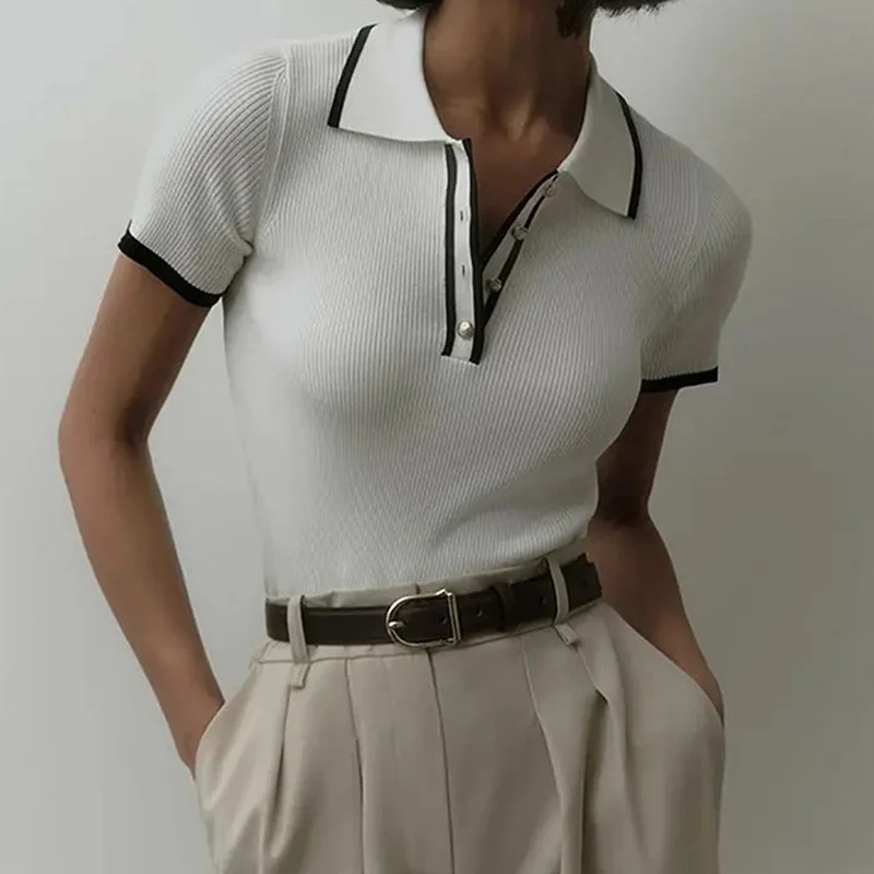 2025 Summer New Slim Short Sleeve Turn-down Collar Top Tee Ladies Fashion Screw Thread Patchwork Pullovers Women Clothes Top Tee
2025 Summer New Slim Short Sleeve Turn-down Collar Top Tee Ladies Fashion Screw Thread Patchwork Pullovers Women Clothes Top Tee
