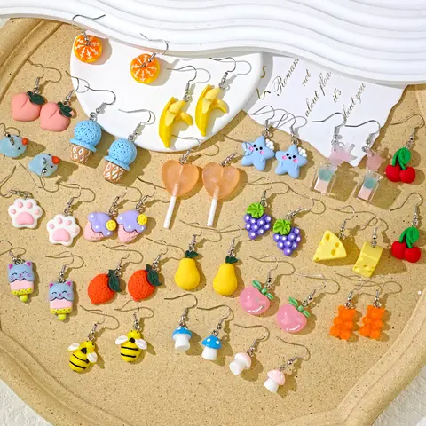 42pcs Cute Fun Simulated Peach Cherry Banana Orange Bee Star Dangle Earrings Set for Women
