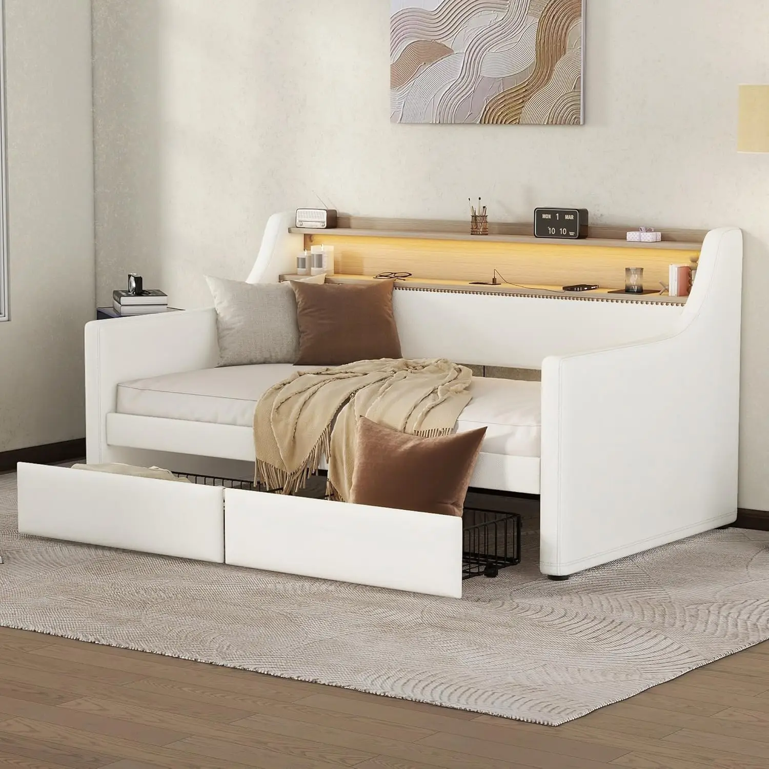 Ball & Cast Twin Upholstered Daybed with Charging Station & LED Lights,Leather Sofa Bed W/ 2 Storage Drawers & Storage Headboard
Ball & Cast Twin Upholstered Daybed with Charging Station & LED Lights,Leather Sofa Bed W/ 2 Storage Drawers & Storage Headboard