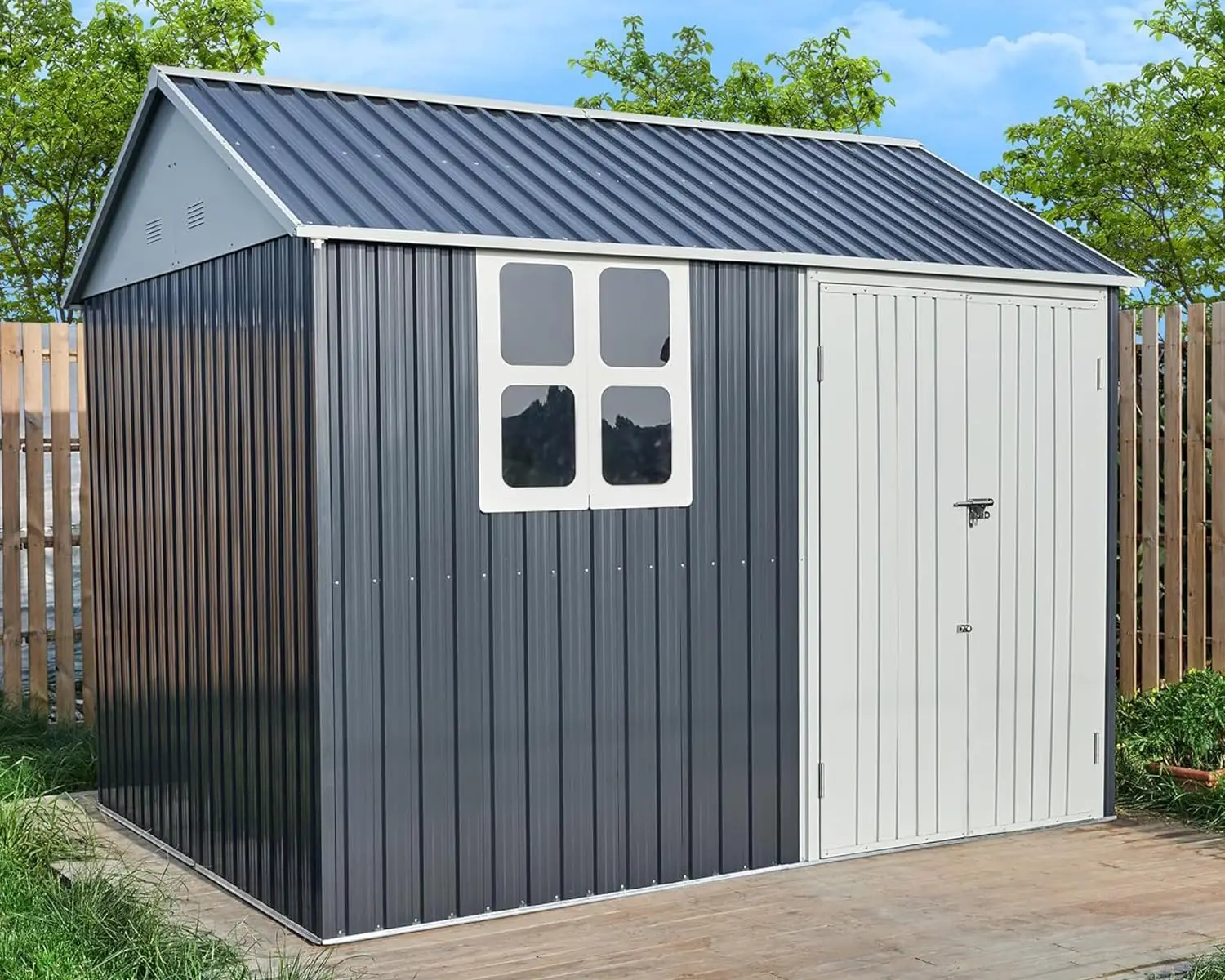 10x8x8 FT Shed 4-pane Window Nordic Cottage Storage Shed Outdoor Metal Garden House Double Hinged Lockable Doors for Backyard
10x8x8 FT Shed 4-pane Window Nordic Cottage Storage Shed Outdoor Metal Garden House Double Hinged Lockable Doors for Backyard
