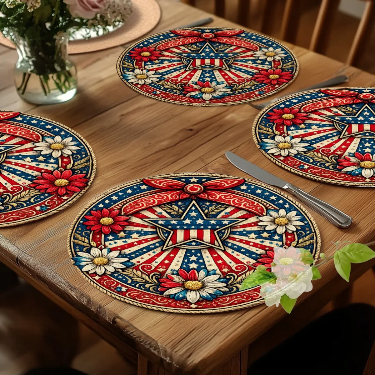 4-Piece 2D Flat Multi-Purpose American Patriotic Style Floral Theme 2D Placemat, Independence Day Special, Polyester Material, 15 X 15 Inches
4-Piece 2D Flat Multi-Purpose American Patriotic Style Floral Theme 2D Placemat, Independence Day Special, Polyester Material, 15 X 15 Inches