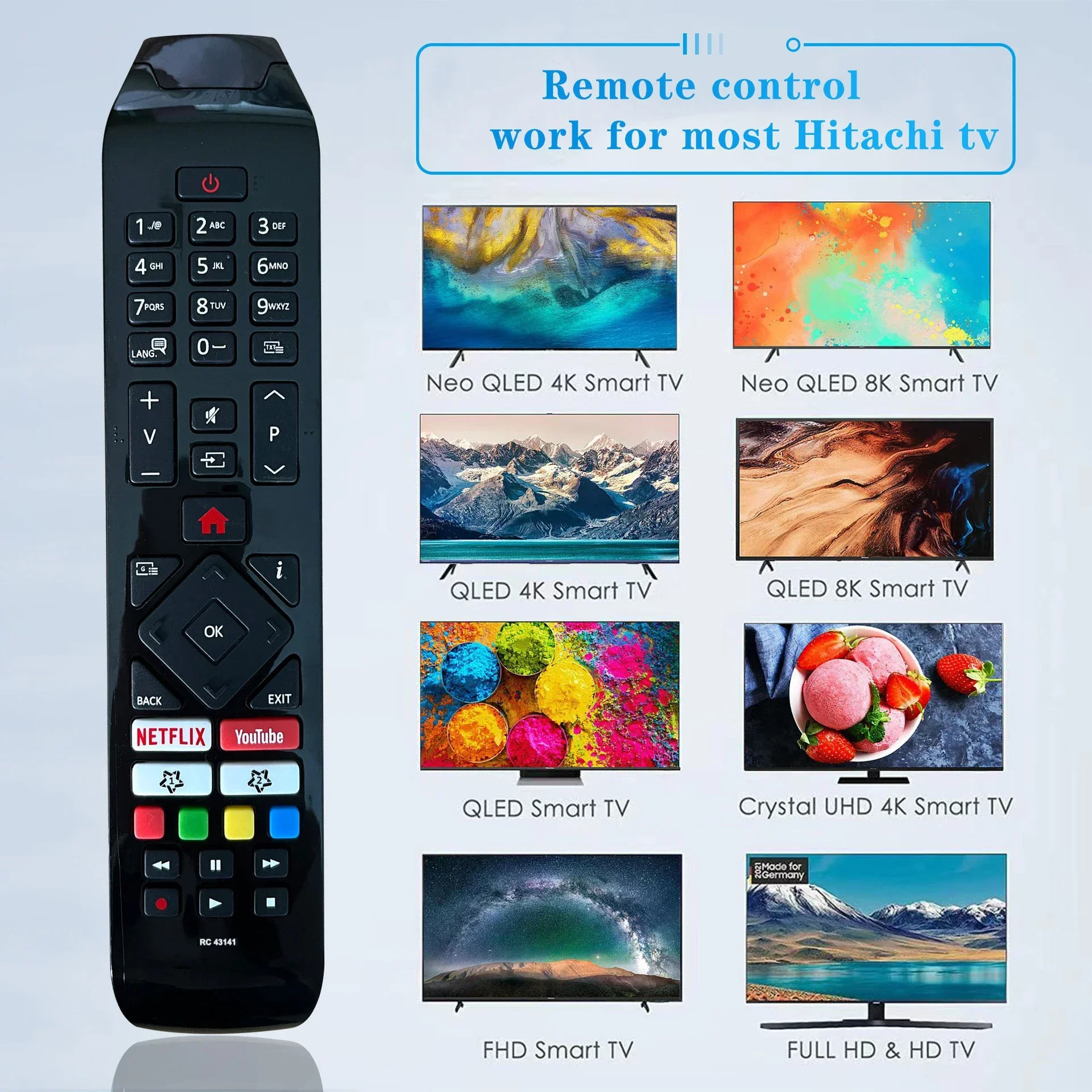 New RC43141 Replaced Remote Control Fit for JVC Vesstel Hitachi Smart LED TV 24HB21T65U 32HB26 T61U with NetFlix Youtube Button
New RC43141 Replaced Remote Control Fit for JVC Vesstel Hitachi Smart LED TV 24HB21T65U 32HB26 T61U with NetFlix Youtube Button