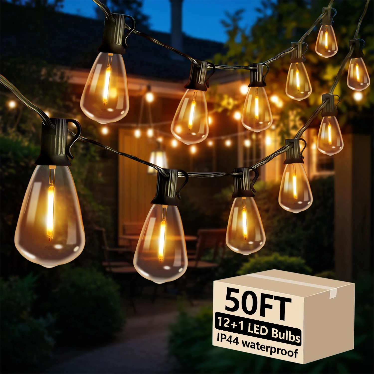 50FT ST38 LED Globe String Lights, 12 Bulbs 2700K Warm White, E12 High Voltage, Black Cable with Hooks & Replaceable Line
50FT ST38 LED Globe String Lights, 12 Bulbs 2700K Warm White, E12 High Voltage, Black Cable with Hooks & Replaceable Line