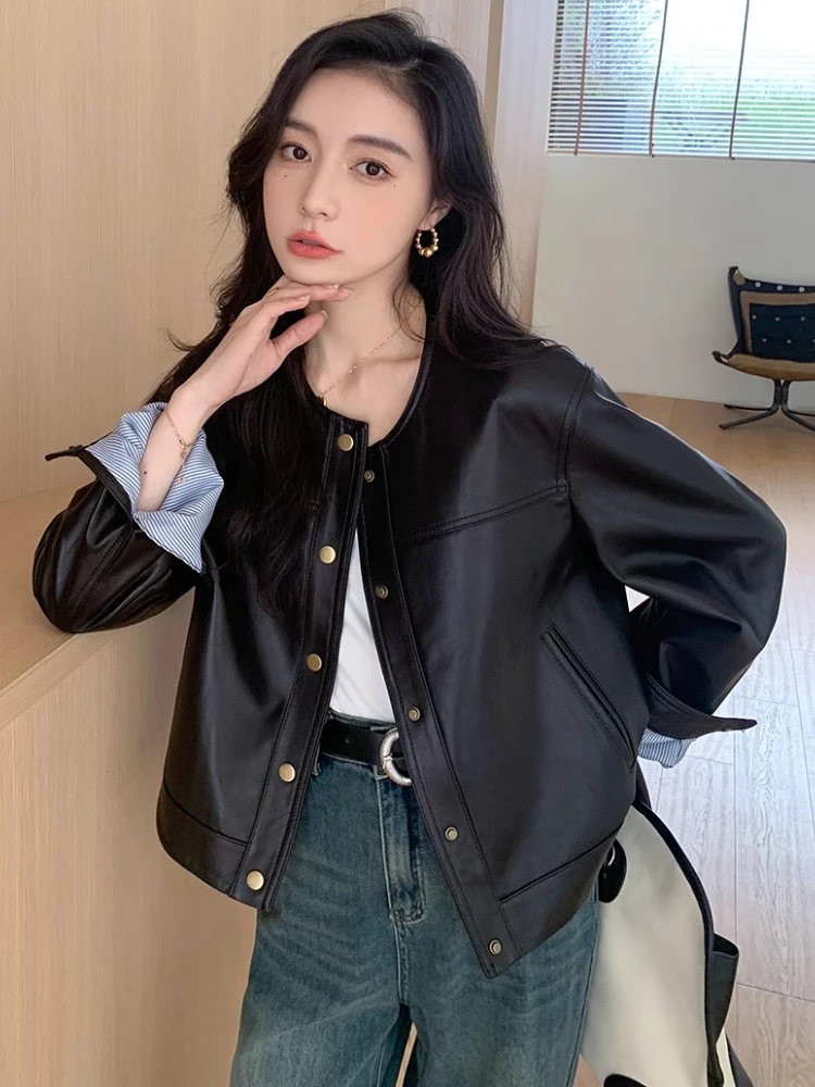 Casual O-neck Genuine Leather Cropped Jackets for Women Spring Autumn 2025 New High-end Simple Soft Black Real Sheepskin Coat
Casual O-neck Genuine Leather Cropped Jackets for Women Spring Autumn 2025 New High-end Simple Soft Black Real Sheepskin Coat