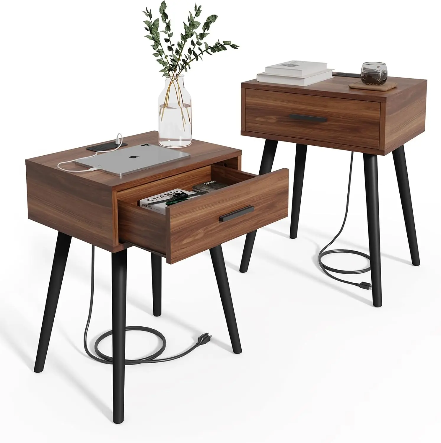 Set Of Two Nightstands Mid Century Modern End Tables With Charging Station Storage Drawer And Pine Wood Legs
Set Of Two Nightstands Mid Century Modern End Tables With Charging Station Storage Drawer And Pine Wood Legs