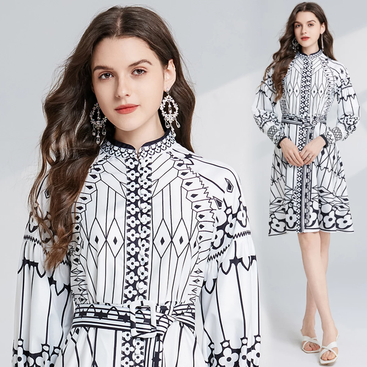 European and American retro style black and white printed stand up collar dress with lace up lantern sleeves A-line skirt
European and American retro style black and white printed stand up collar dress with lace up lantern sleeves A-line skirt