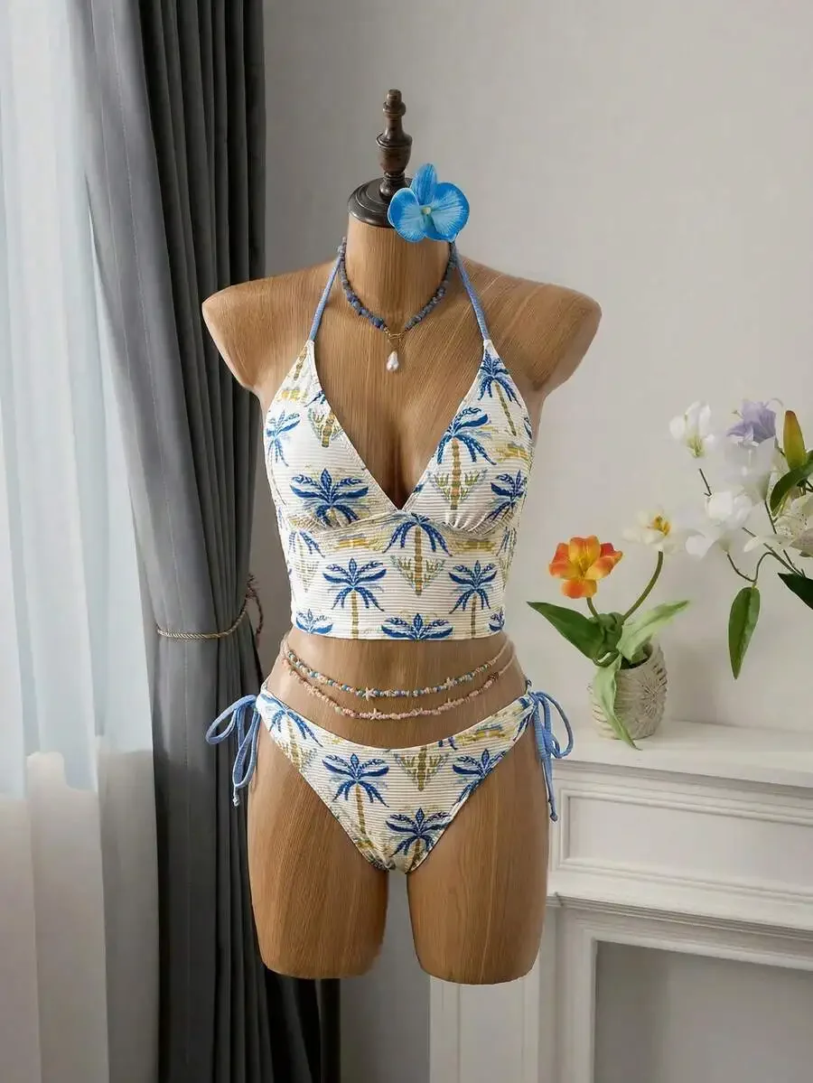 Womens Two Piece Halter Top And Drawstring Bikini Set With Palm Print Boho Beach Vacation Swimsuit
Womens Two Piece Halter Top And Drawstring Bikini Set With Palm Print Boho Beach Vacation Swimsuit