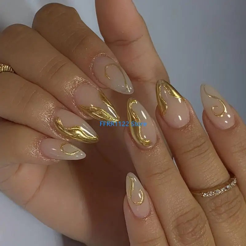 Y1UF 24pcs Short Almond Press On Full Cover False With Gold Line Designs Glossy Acrylic for Women Girls
Y1UF 24pcs Short Almond Press On Full Cover False With Gold Line Designs Glossy Acrylic for Women Girls