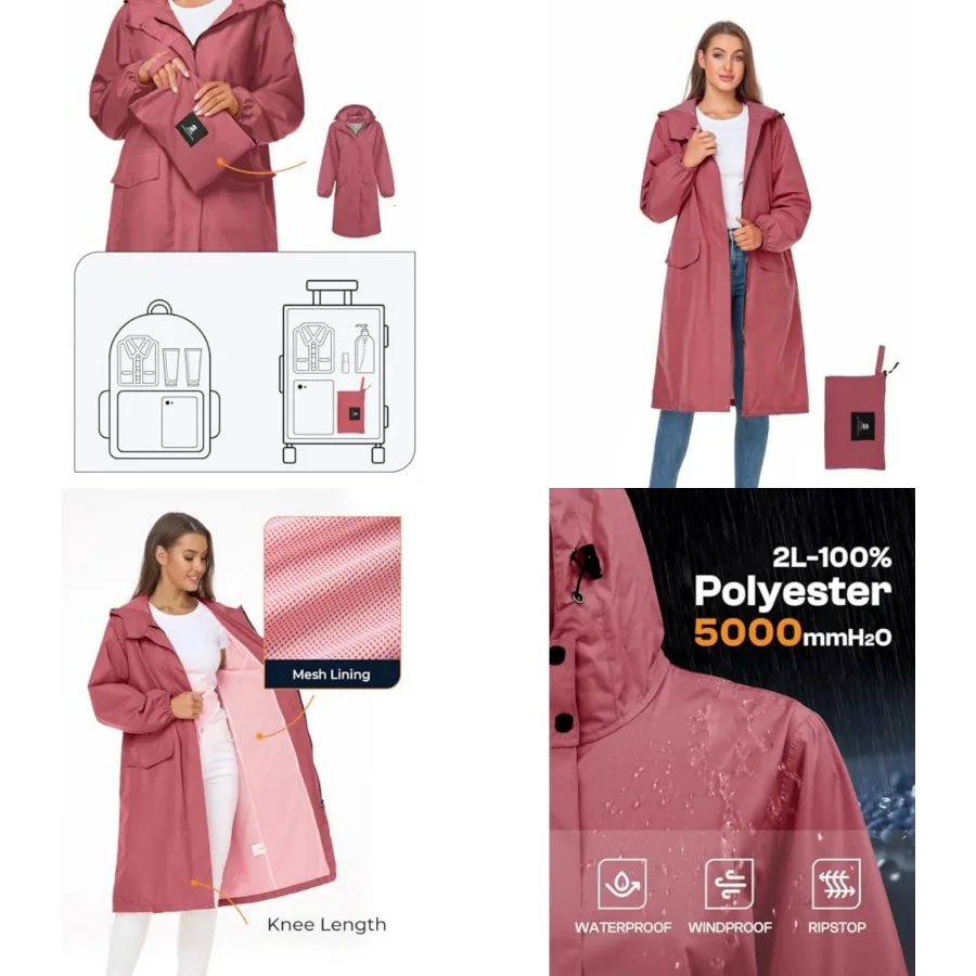 Women's Long Rain Jacket Waterproof Lightweight Hooded Raincoat Packable Knee Length Rain coat
Women's Long Rain Jacket Waterproof Lightweight Hooded Raincoat Packable Knee Length Rain coat
