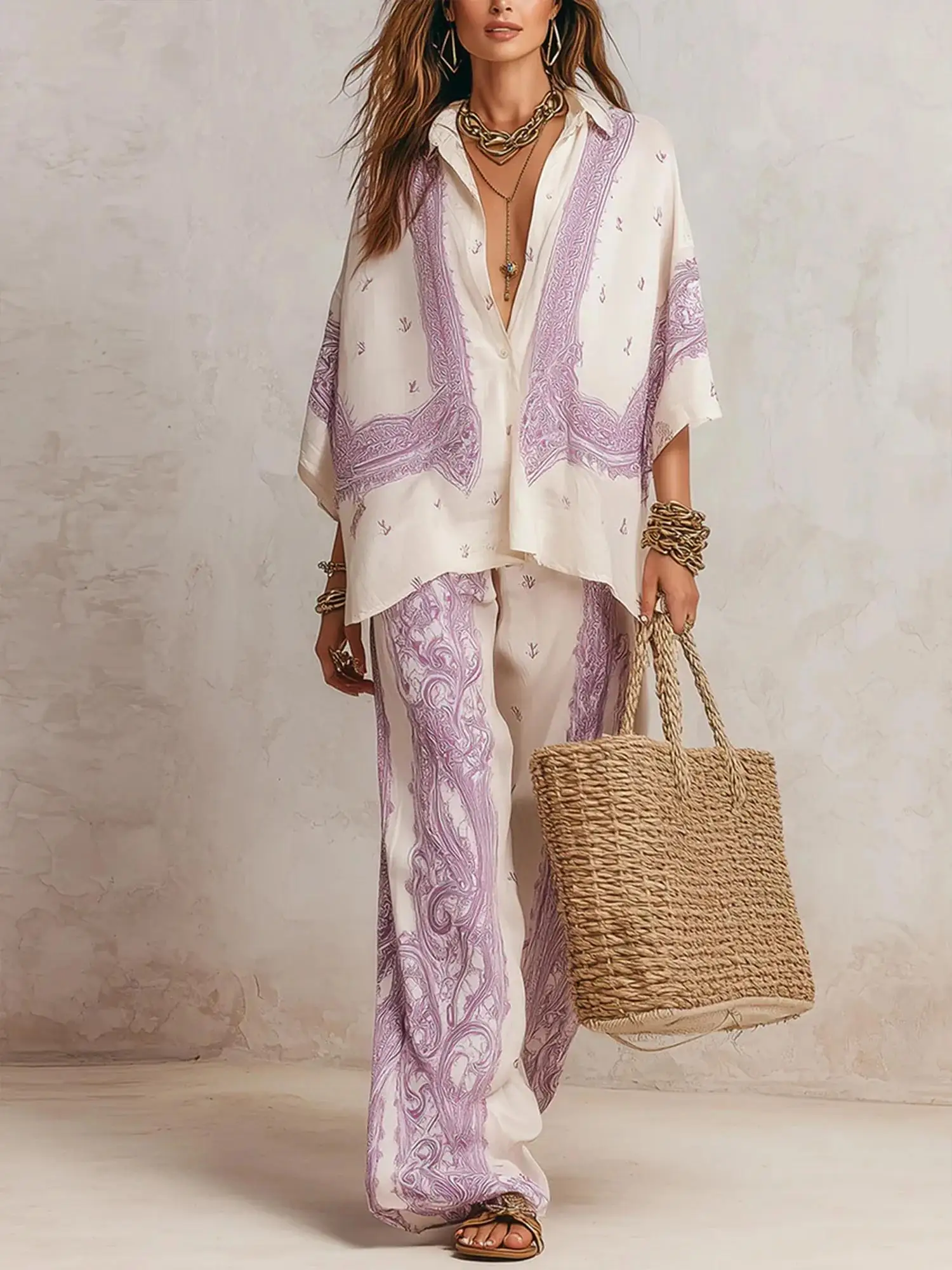 Elegant Paisley Print 2 Piece Set Women Summer Lapel 3/4 Sleeve Shirt Top & Wide Leg Pants Streetwear Loose Trousers Suit
Elegant Paisley Print 2 Piece Set Women Summer Lapel 3/4 Sleeve Shirt Top & Wide Leg Pants Streetwear Loose Trousers Suit