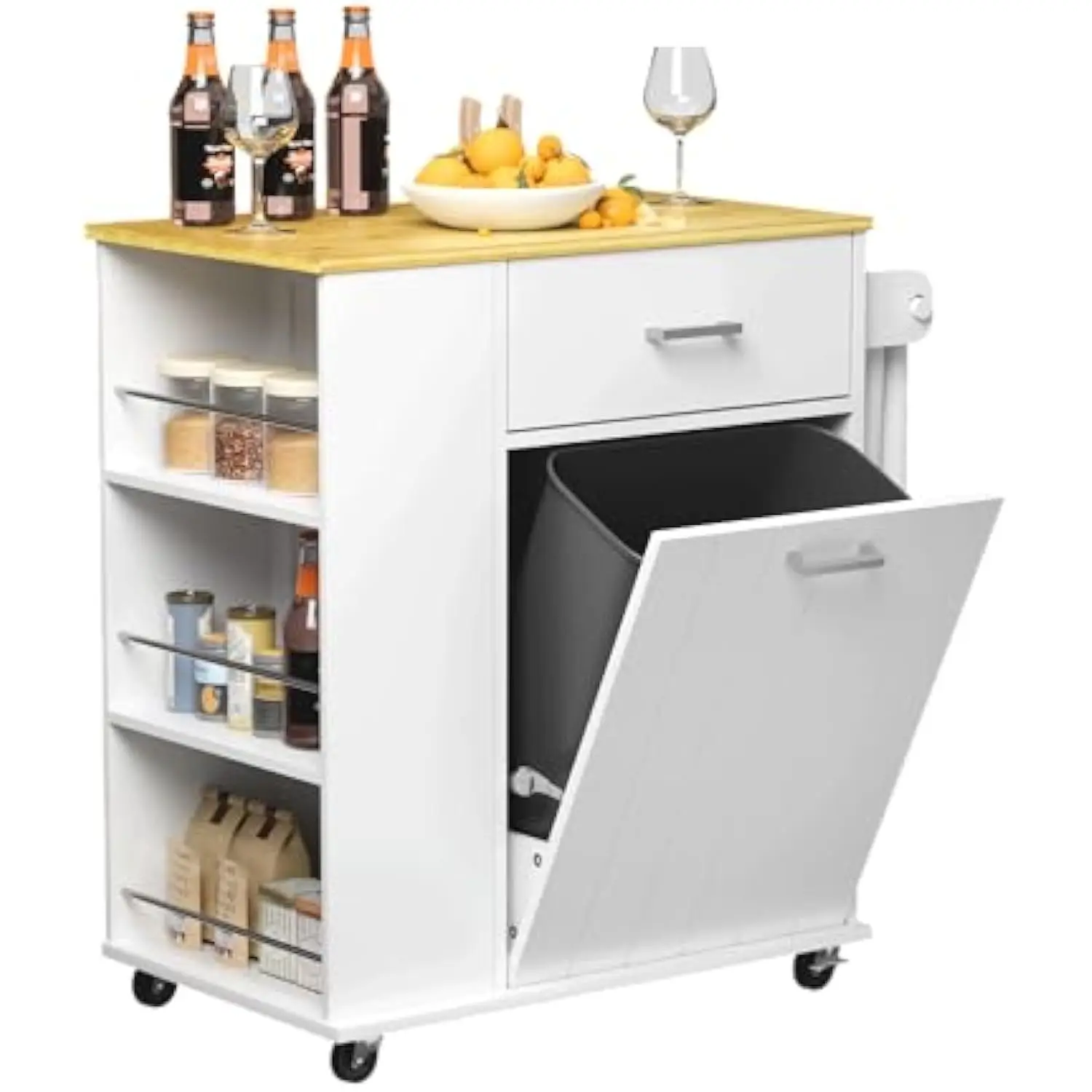 Rolling Island with Trash Can, Portable Kitchen Cart on Wheels with Towel Rack and Spice Rack, Tilt Out Trash Can Cabinet with
Rolling Island with Trash Can, Portable Kitchen Cart on Wheels with Towel Rack and Spice Rack, Tilt Out Trash Can Cabinet with