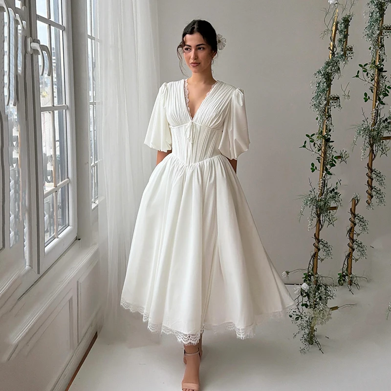 Eightree Women A-Line Wedding Dresses V-Neck Half Sleeve Tea Length Lace Bridal Dress White Evening Wedding Prom Gown Customized
Eightree Women A-Line Wedding Dresses V-Neck Half Sleeve Tea Length Lace Bridal Dress White Evening Wedding Prom Gown Customized