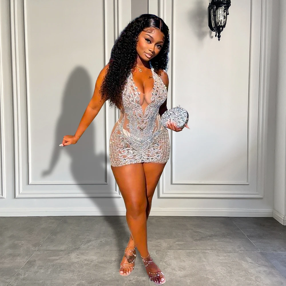 Sparkly Sexy See Through Halter Sleeveless Women Birthday Party Gowns Diamond Black Girl Short Prom Dresses 2024
Sparkly Sexy See Through Halter Sleeveless Women Birthday Party Gowns Diamond Black Girl Short Prom Dresses 2024