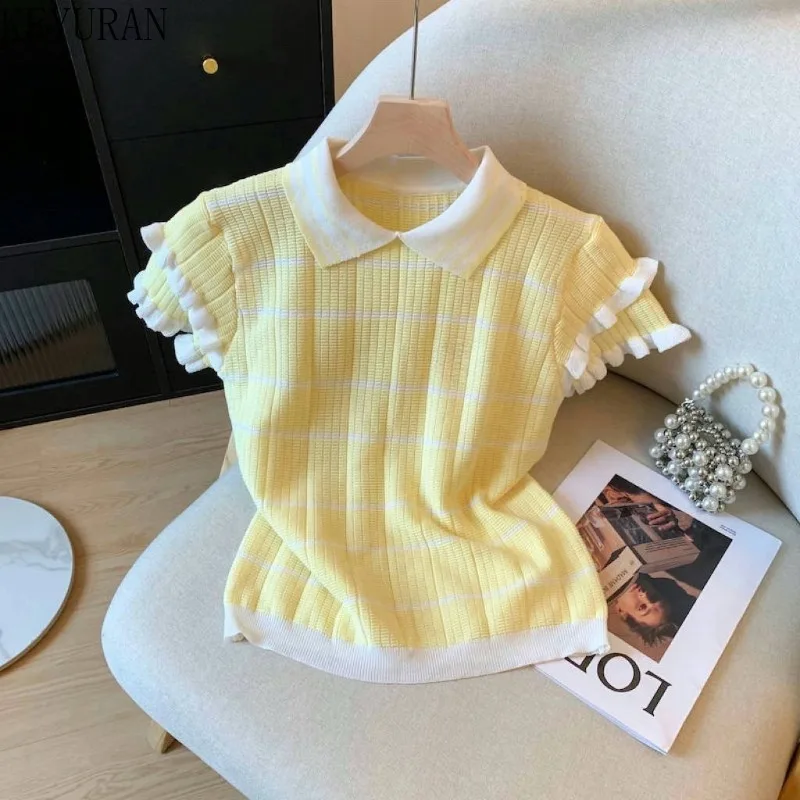2025 Summer Short Sleeve Ice Silk Knitted Sweater T-shirt Women Korean Fashion Commute Turn-down Collar Slim Fit Knitwear Tops
2025 Summer Short Sleeve Ice Silk Knitted Sweater T-shirt Women Korean Fashion Commute Turn-down Collar Slim Fit Knitwear Tops