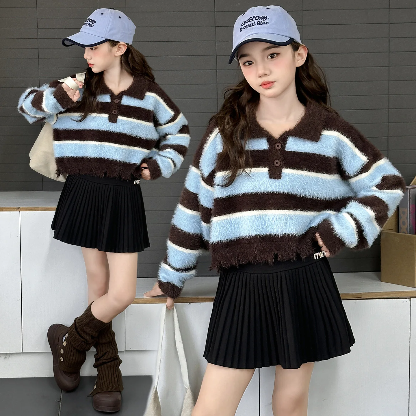 High Fashion Kids Children Striped Cropped Knit Sweater Top for Tweens Girls Street Style Turn Down Collar Mink Fur Knitwear
High Fashion Kids Children Striped Cropped Knit Sweater Top for Tweens Girls Street Style Turn Down Collar Mink Fur Knitwear