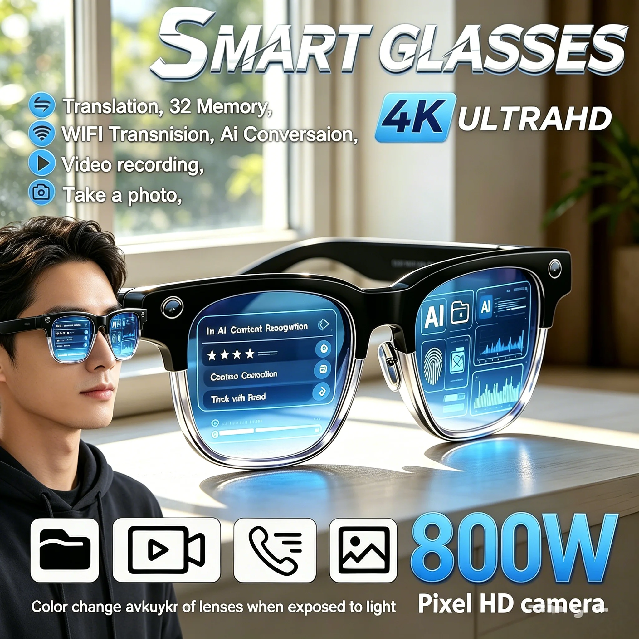 800W Pixel Smart Glasses AI Photo Recognition Video Recording Bluetooth Call Voice Translation Sunglasses
800W Pixel Smart Glasses AI Photo Recognition Video Recording Bluetooth Call Voice Translation Sunglasses