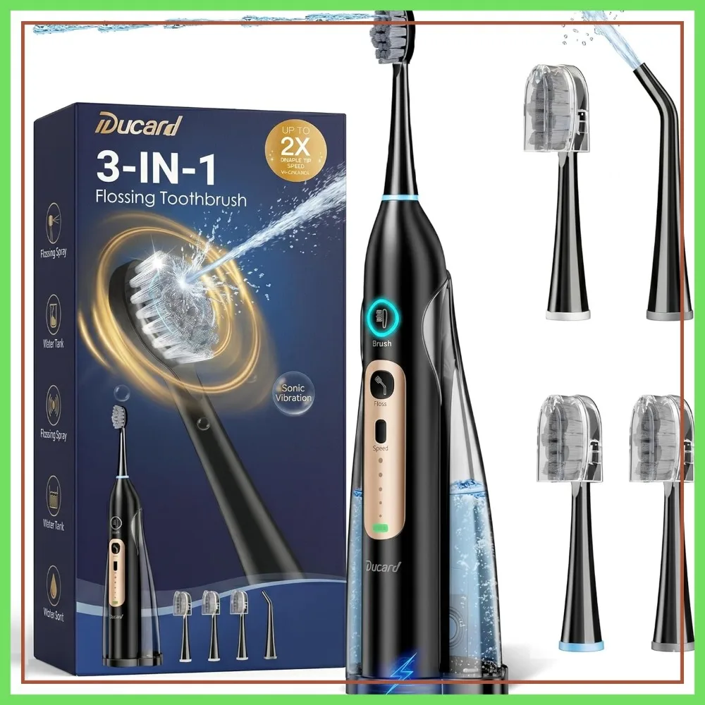 3-in-1 Electric Toothbrush with Water Flosser, Cordless Rechargeable, 3 Modes 5 Speeds, 30-Day Battery, Black
3-in-1 Electric Toothbrush with Water Flosser, Cordless Rechargeable, 3 Modes 5 Speeds, 30-Day Battery, Black