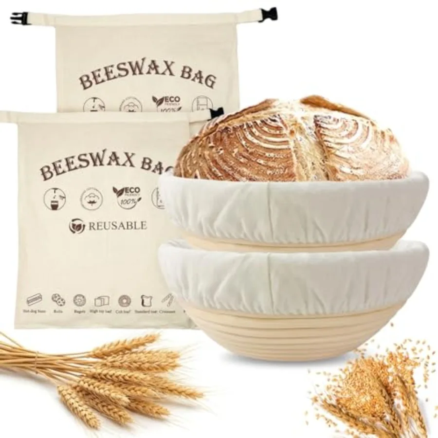 2-Pack 9 Inch Banneton Bread Proofing Basket Set + 2 XL Beeswax Food Bags Eco-Friendly Storage for Homemade Sourdough Bread
2-Pack 9 Inch Banneton Bread Proofing Basket Set + 2 XL Beeswax Food Bags Eco-Friendly Storage for Homemade Sourdough Bread