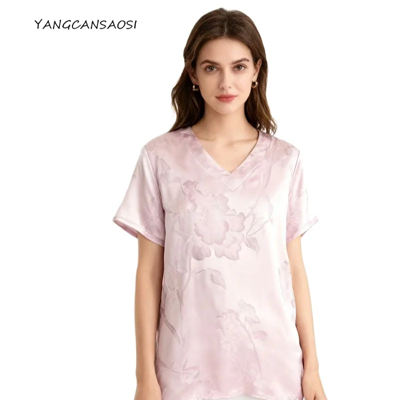 Women's Fashion Clothing Heavy 28MM 100% Natural Mulberry Silk Jacquard Satin Pink V-neck Summer Versatile Short Sleeved T-shirt
Women's Fashion Clothing Heavy 28MM 100% Natural Mulberry Silk Jacquard Satin Pink V-neck Summer Versatile Short Sleeved T-shirt