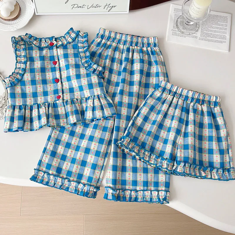 3Piece Summer Toddler Girl Clothes Korean Fashion Cute Blue Plaid Sleeveless Cotton Baby Tops+Pants+Shorts Children Sets B072 
3Piece Summer Toddler Girl Clothes Korean Fashion Cute Blue Plaid Sleeveless Cotton Baby Tops+Pants+Shorts Children Sets B072