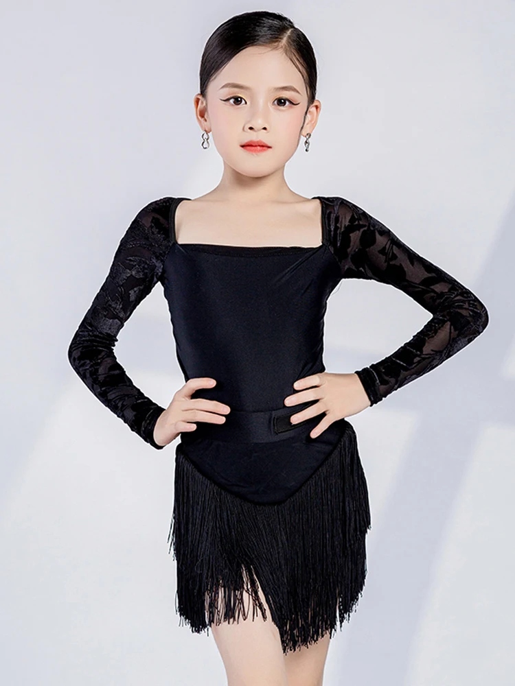Kids Latin Dance Clothes Girls Fringed Black Dress Long Sleeves Practice Wear Cha Cha Rumba Ballroom Dance Costume Suit DNV17238
Kids Latin Dance Clothes Girls Fringed Black Dress Long Sleeves Practice Wear Cha Cha Rumba Ballroom Dance Costume Suit DNV17238