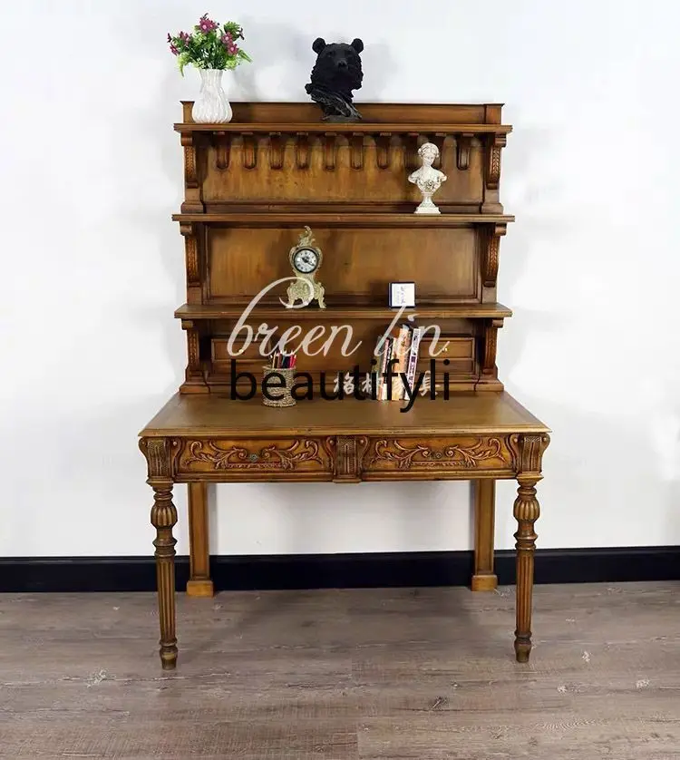 French retro solid wood carving flower with bookshelf writing desk office integrated multi-function desk
French retro solid wood carving flower with bookshelf writing desk office integrated multi-function desk