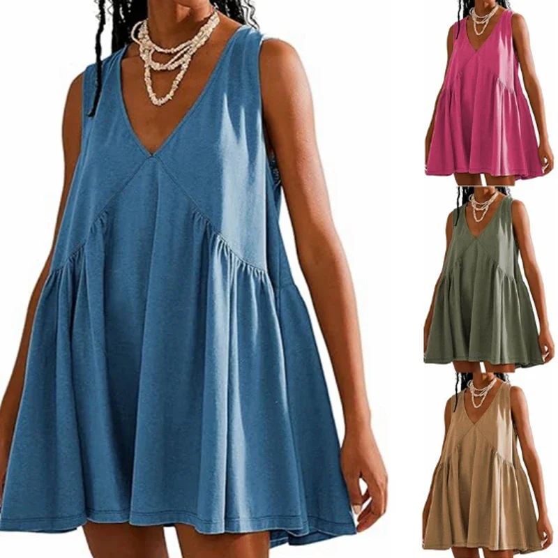 Fashion Sleeveless Loose Solid Dress Pleated Ladies Party Summer Dresses Women Casual A-line Cotton V-neck Beach
Fashion Sleeveless Loose Solid Dress Pleated Ladies Party Summer Dresses Women Casual A-line Cotton V-neck Beach