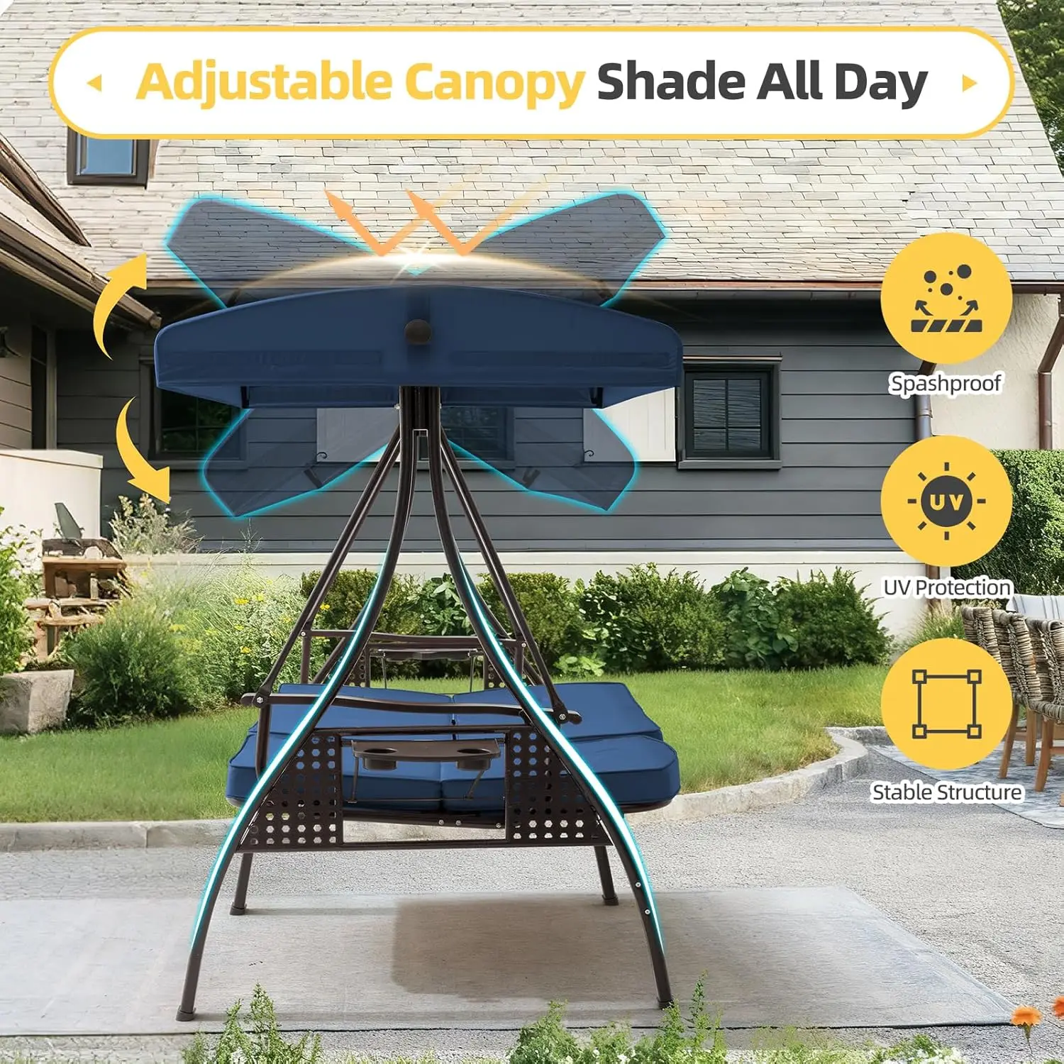 Outdoor porch swing with adjustable canopy, 7-level side seat, cushion, cup holder, convertible 3-in
Outdoor porch swing with adjustable canopy, 7-level side seat, cushion, cup holder, convertible 3-in