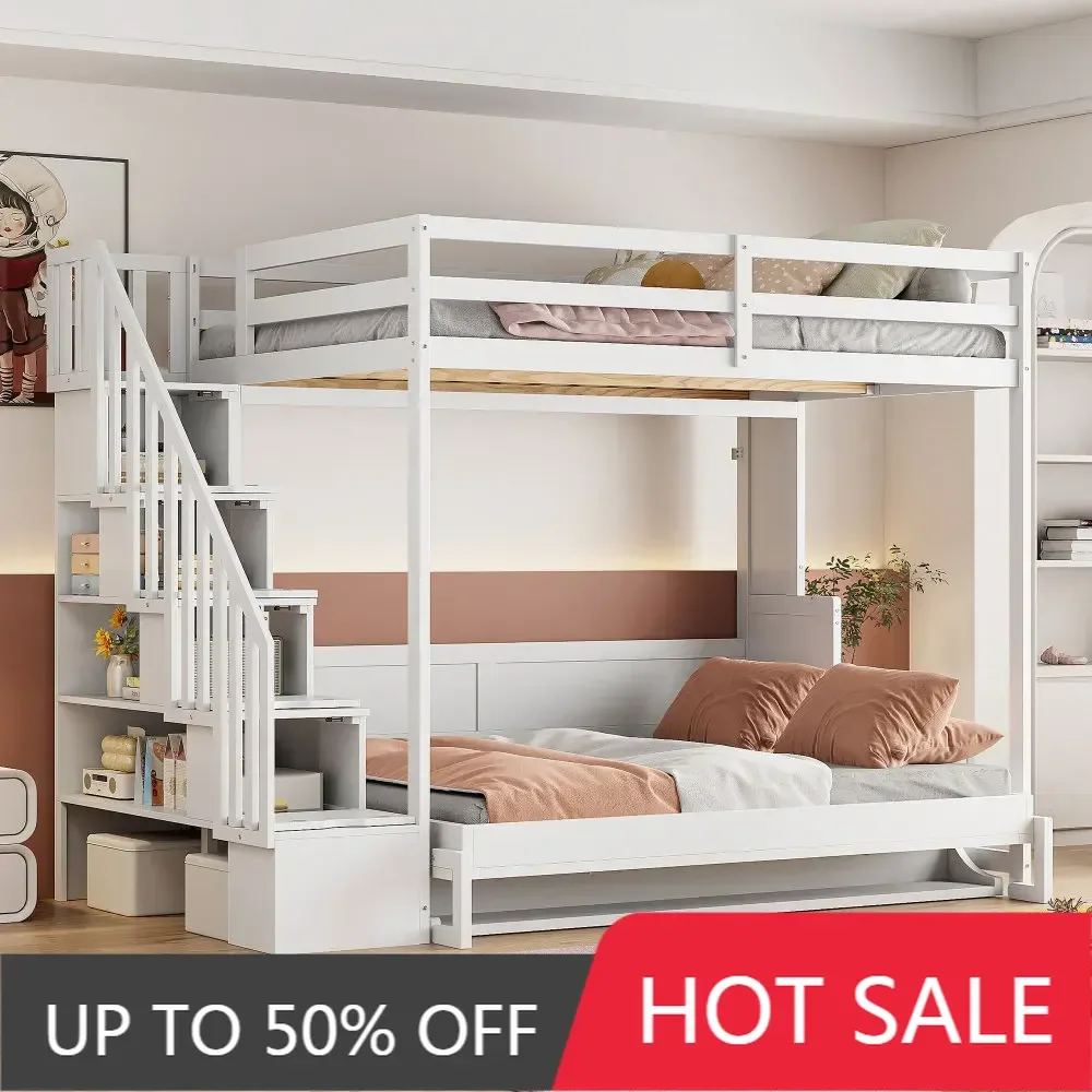 Full Over Full Size Bunk Bed with Murphy Bed Design and Storage Staircase,Murphy Bed with Hydraulic Lift & Hidden Desk,White
Full Over Full Size Bunk Bed with Murphy Bed Design and Storage Staircase,Murphy Bed with Hydraulic Lift & Hidden Desk,White
