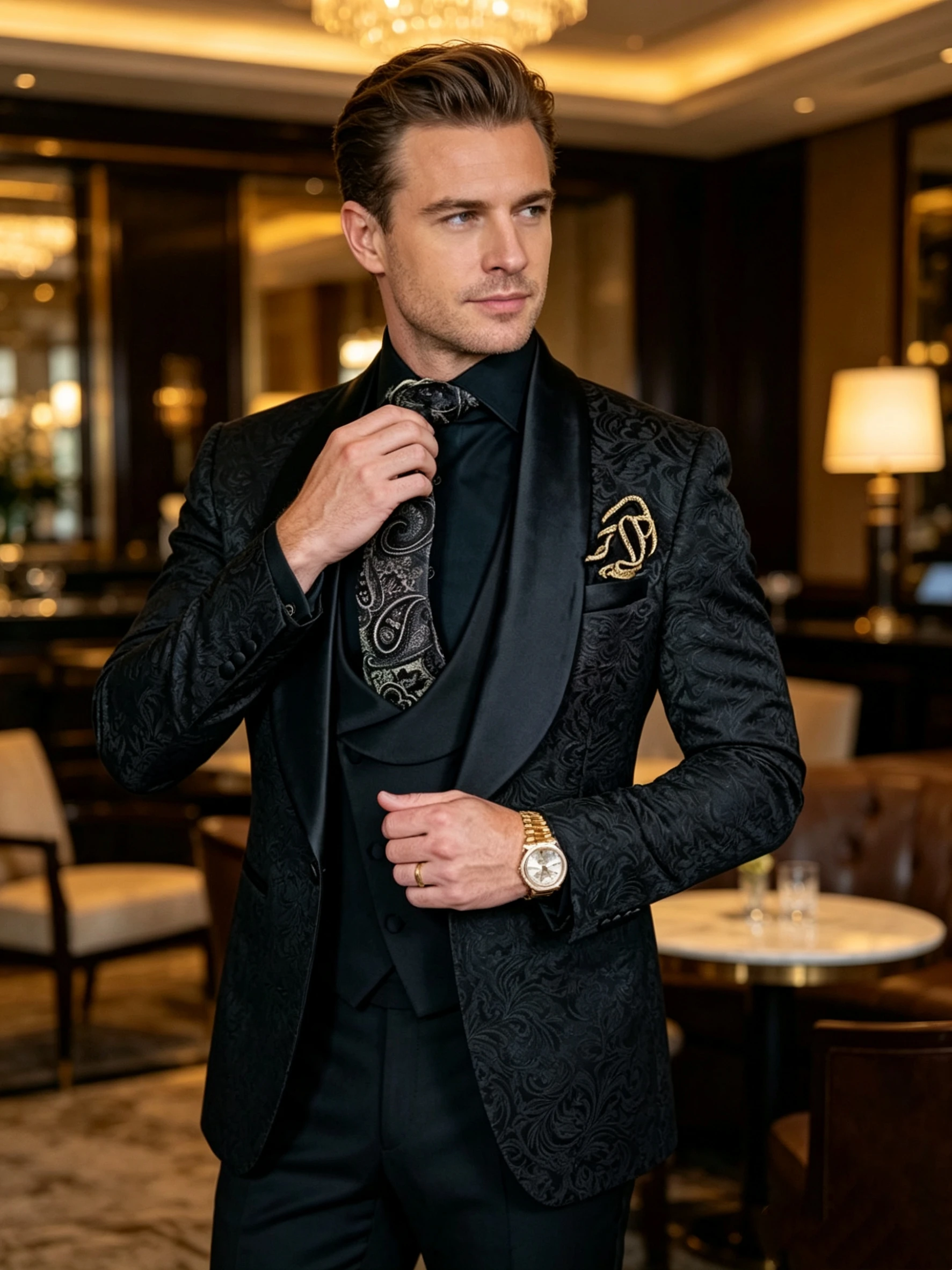 Elegant Jacquard 3 Piece Men's Wedding Suits Shawl Lapel Slim Fit Tuxedo Costume with Blazer Vest Pants Set for Groom Party Prom
Elegant Jacquard 3 Piece Men's Wedding Suits Shawl Lapel Slim Fit Tuxedo Costume with Blazer Vest Pants Set for Groom Party Prom