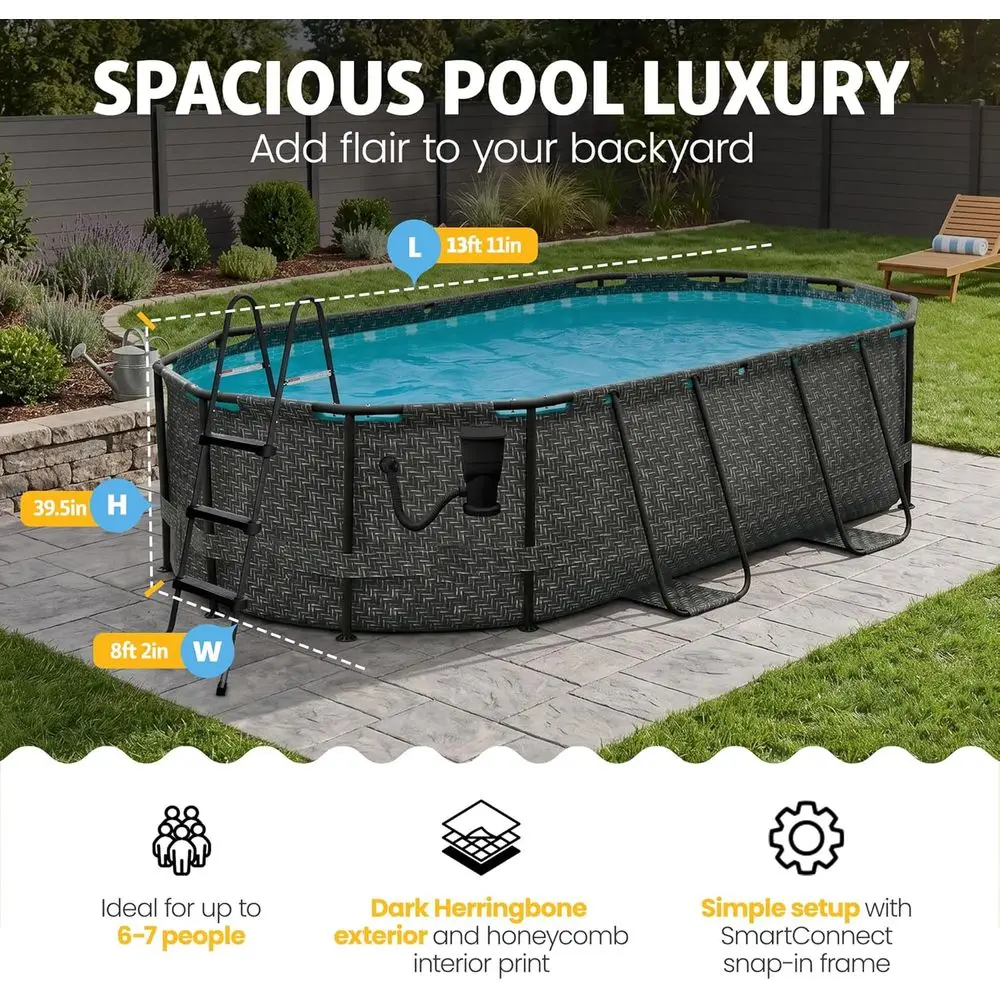 13'11" x 8'2" x 39.5" Above Ground Swimming Pool, with iltrailter 800 GPH Pump with AutoSkimmer, Ladder & Ty
13'11" x 8'2" x 39.5" Above Ground Swimming Pool, with iltrailter 800 GPH Pump with AutoSkimmer, Ladder & Ty